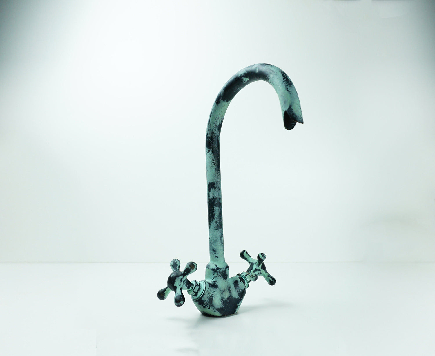 Gooseneck Bathroom Vanity Green Patina Brass Faucet, Vintage Brass Green Patina Bathroom Sink Faucet