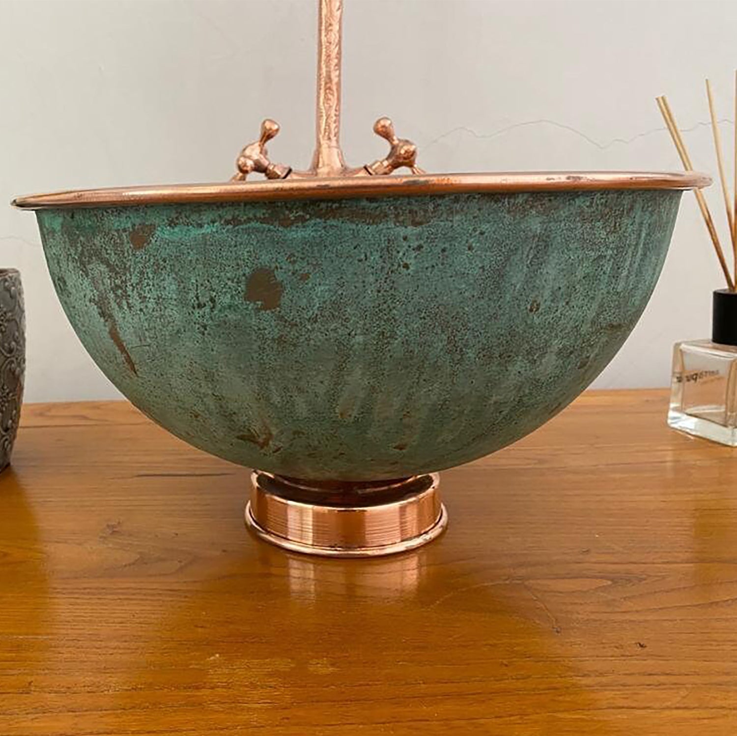 Wash Basin Bathroom Sink, Green Patina Round Copper Vessel Sink