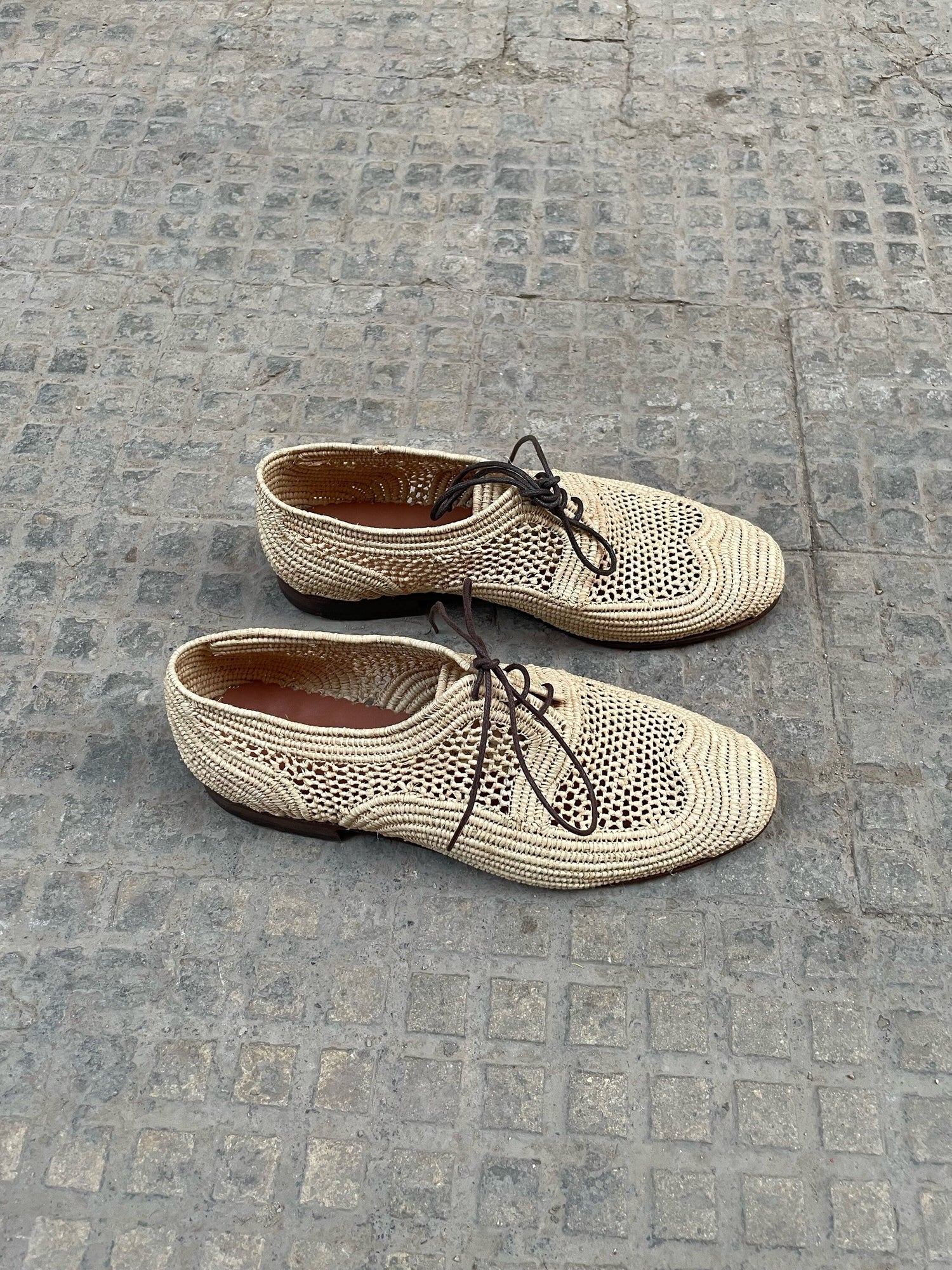 Handwoven Raffia Lace-Up Shoes – Natural & Brown Minimal Style