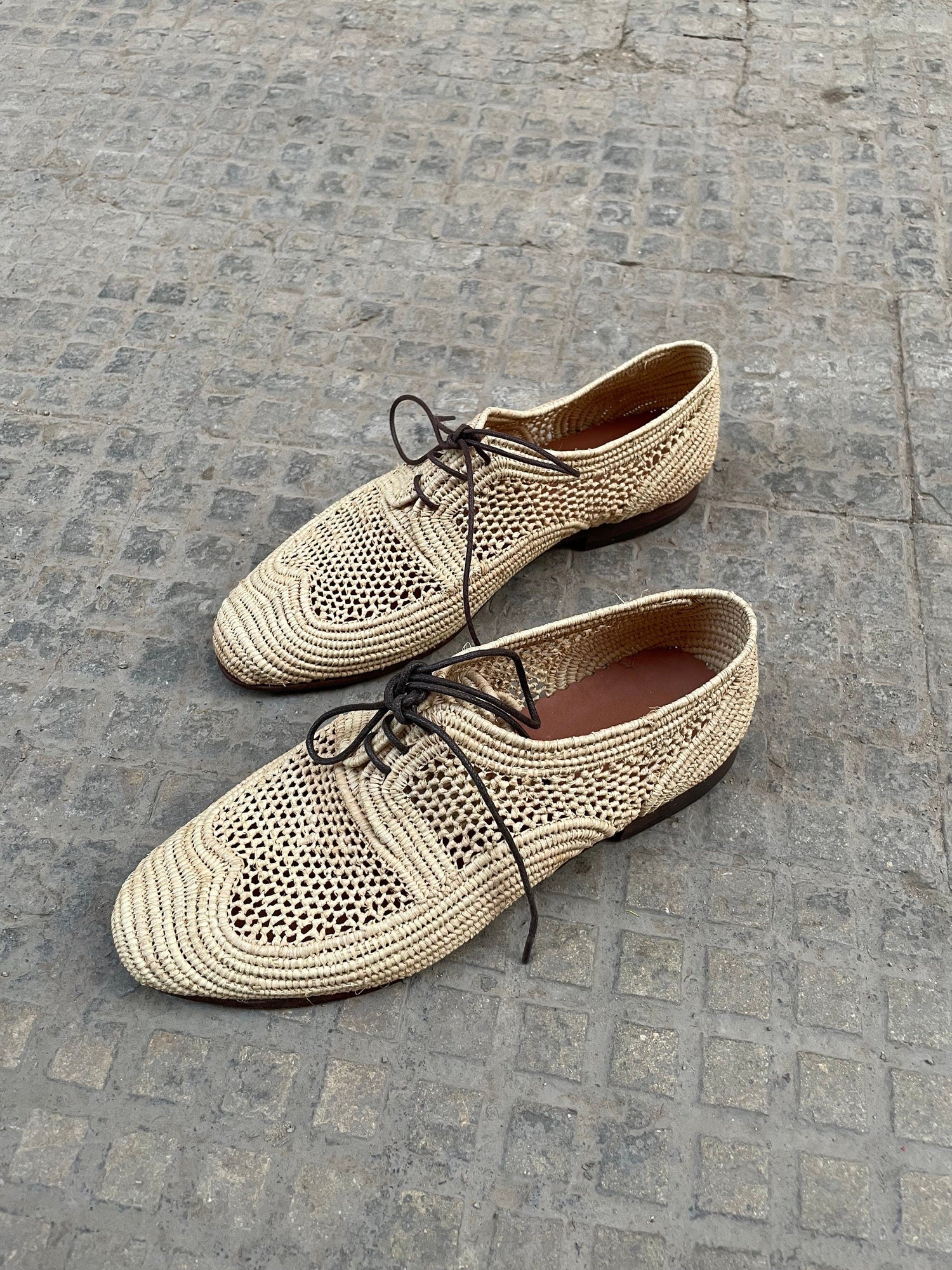 Handwoven Raffia Lace-Up Shoes – Natural & Brown Minimal Style