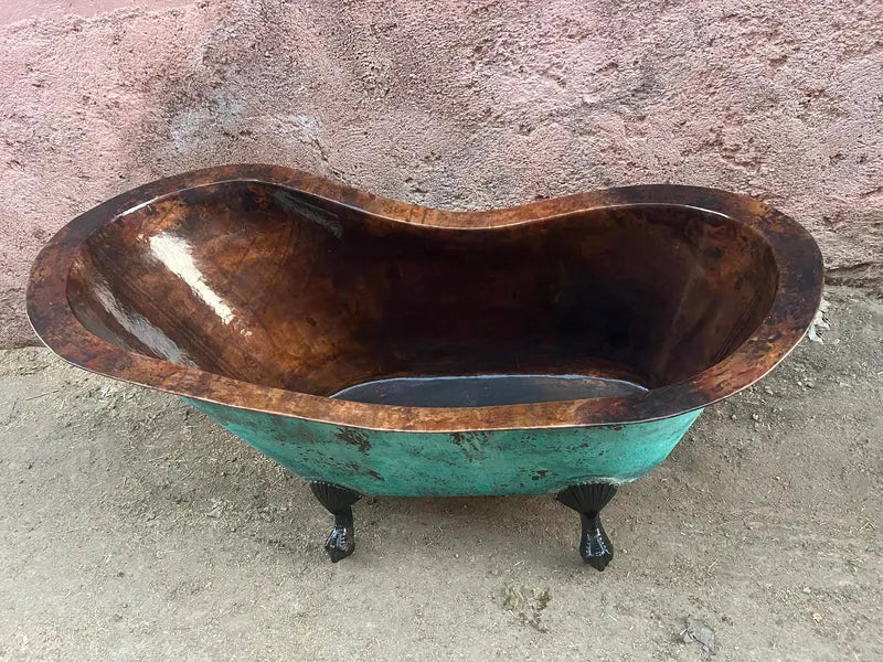 Copper Green Patina Soaking Tub, Copper Clawfoot Bathtub With Black Solid Brass Feet.