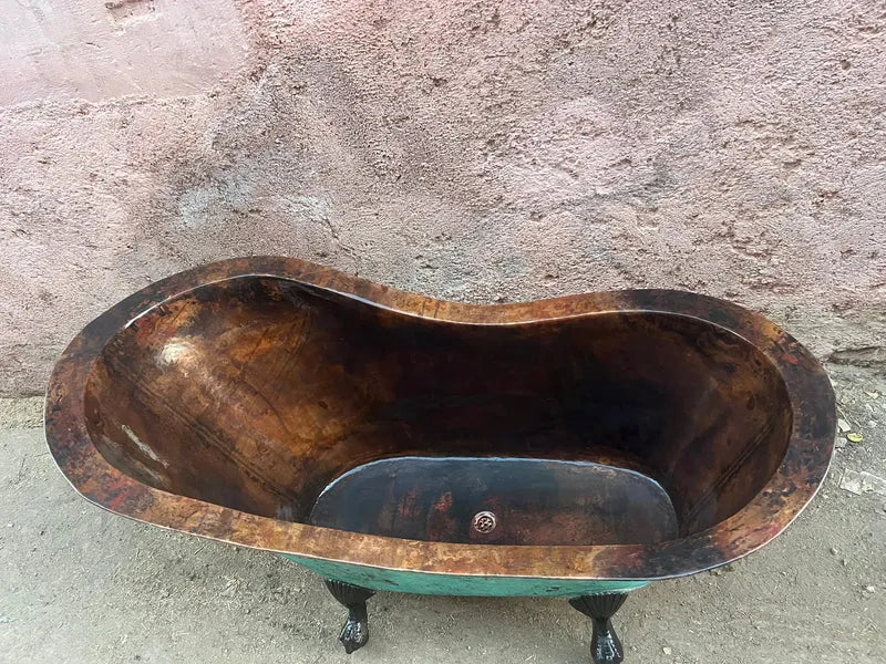 Copper Green Patina Soaking Tub, Copper Clawfoot Bathtub With Black Solid Brass Feet.