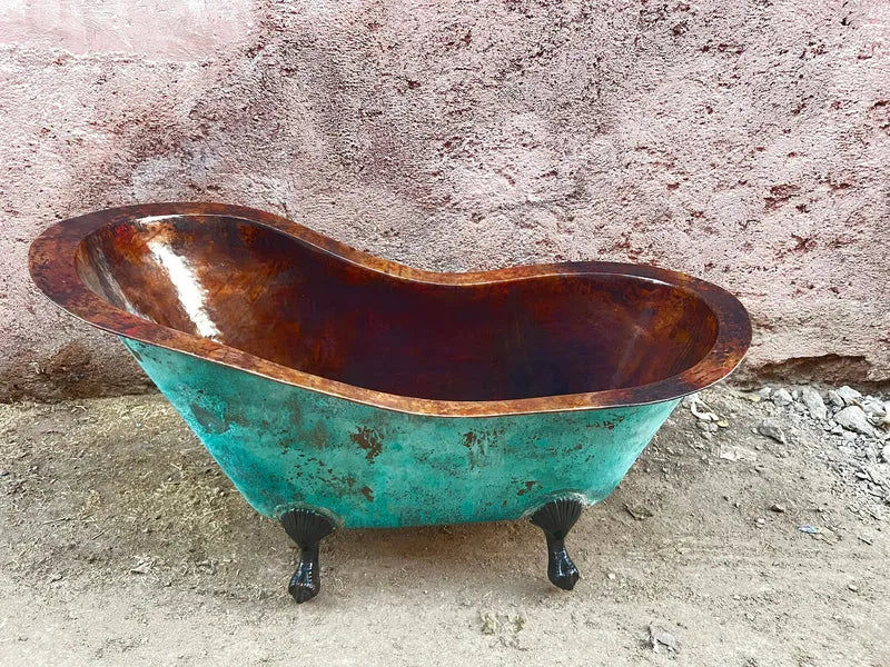 Copper Green Patina Soaking Tub, Copper Clawfoot Bathtub With Black Solid Brass Feet.