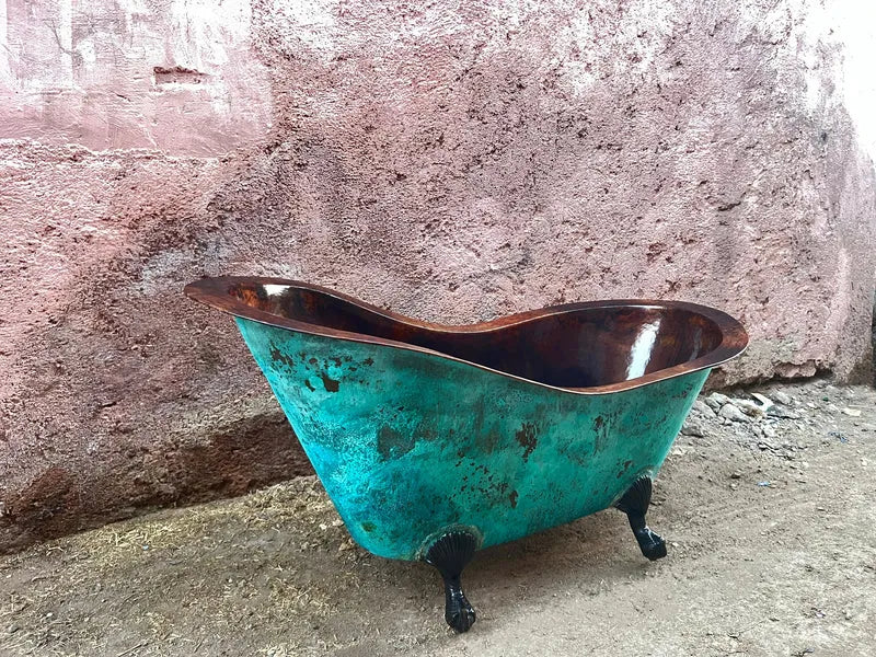 Copper Green Patina Soaking Tub, Copper Clawfoot Bathtub With Black Solid Brass Feet.