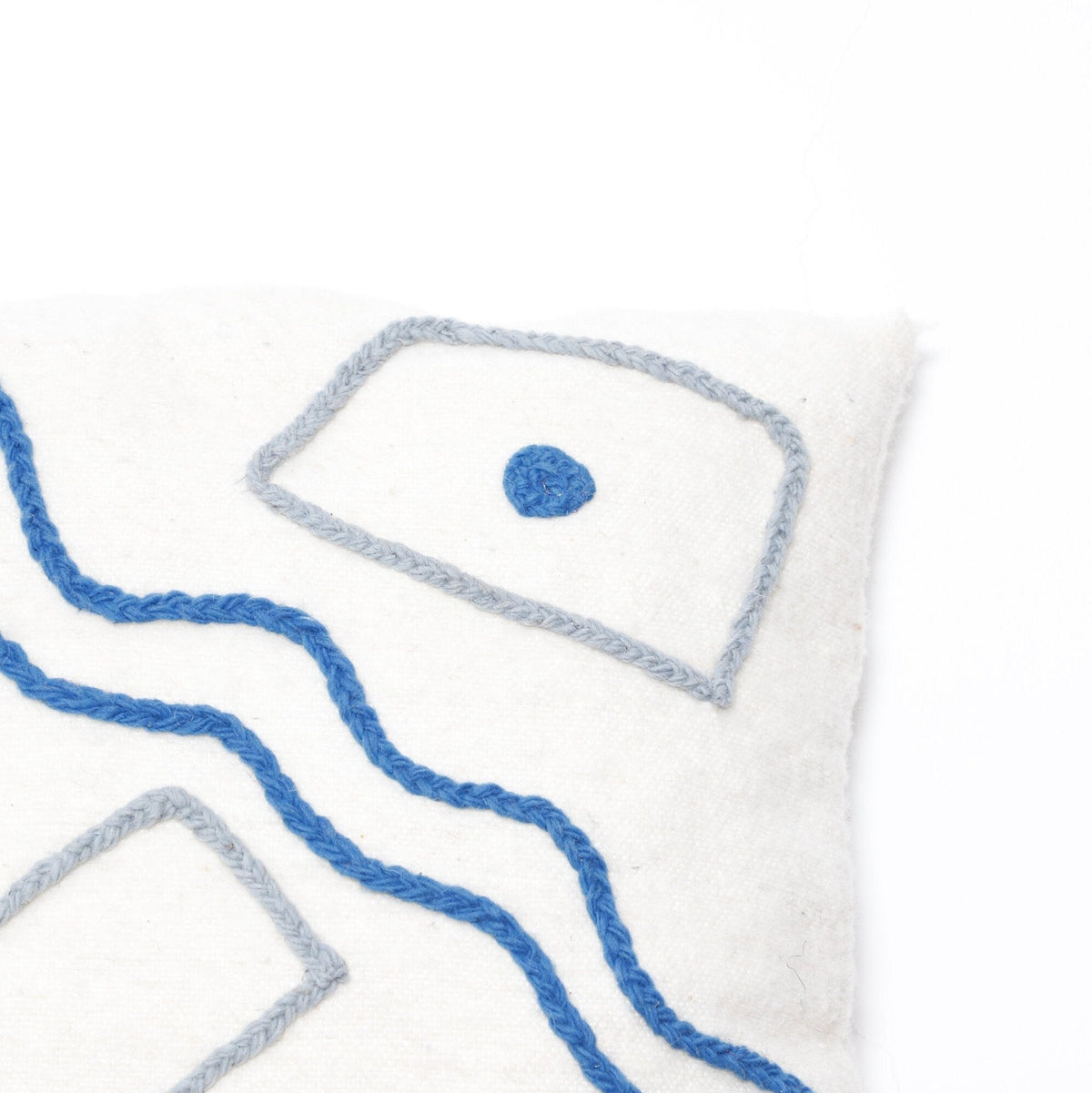 Abstract Embroidered Moroccan Pillow Cover – Handcrafted Wool Cushion in Blue & Neutral Tones