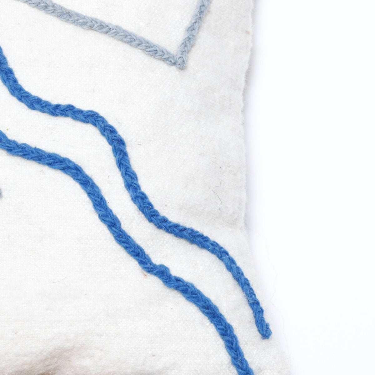 Abstract Embroidered Moroccan Pillow Cover – Handcrafted Wool Cushion in Blue & Neutral Tones