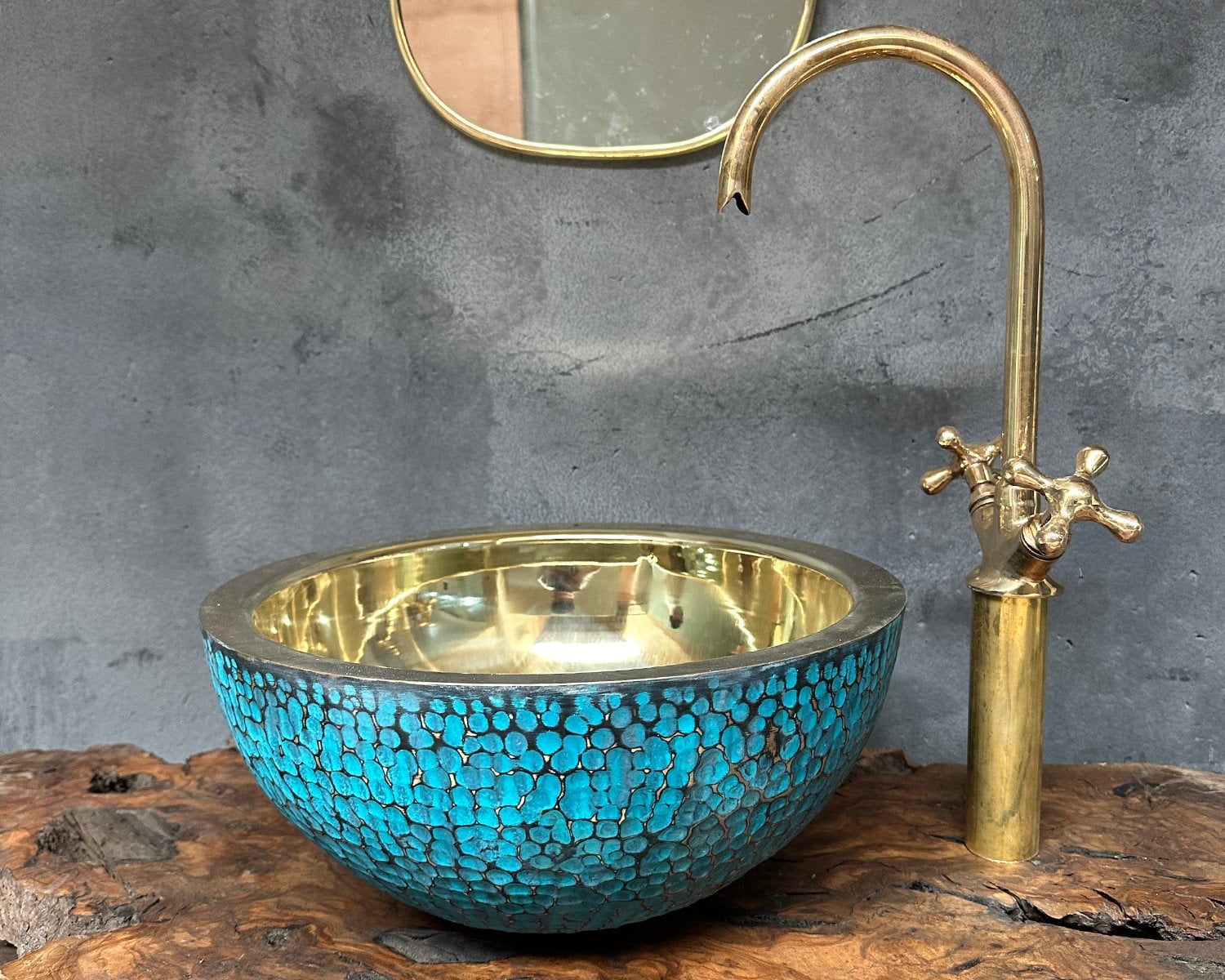 Blue Patina Brass Sink, Hammered Vessel Sink for Bathroom