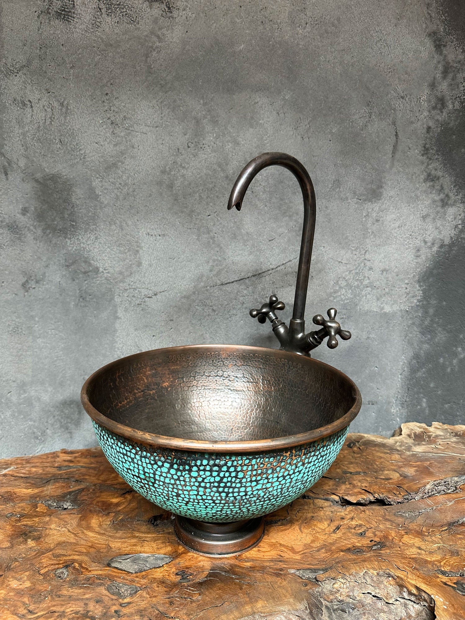Aged Copper Bathroom Sink with faucet , Green Patina countertop basin bathroom