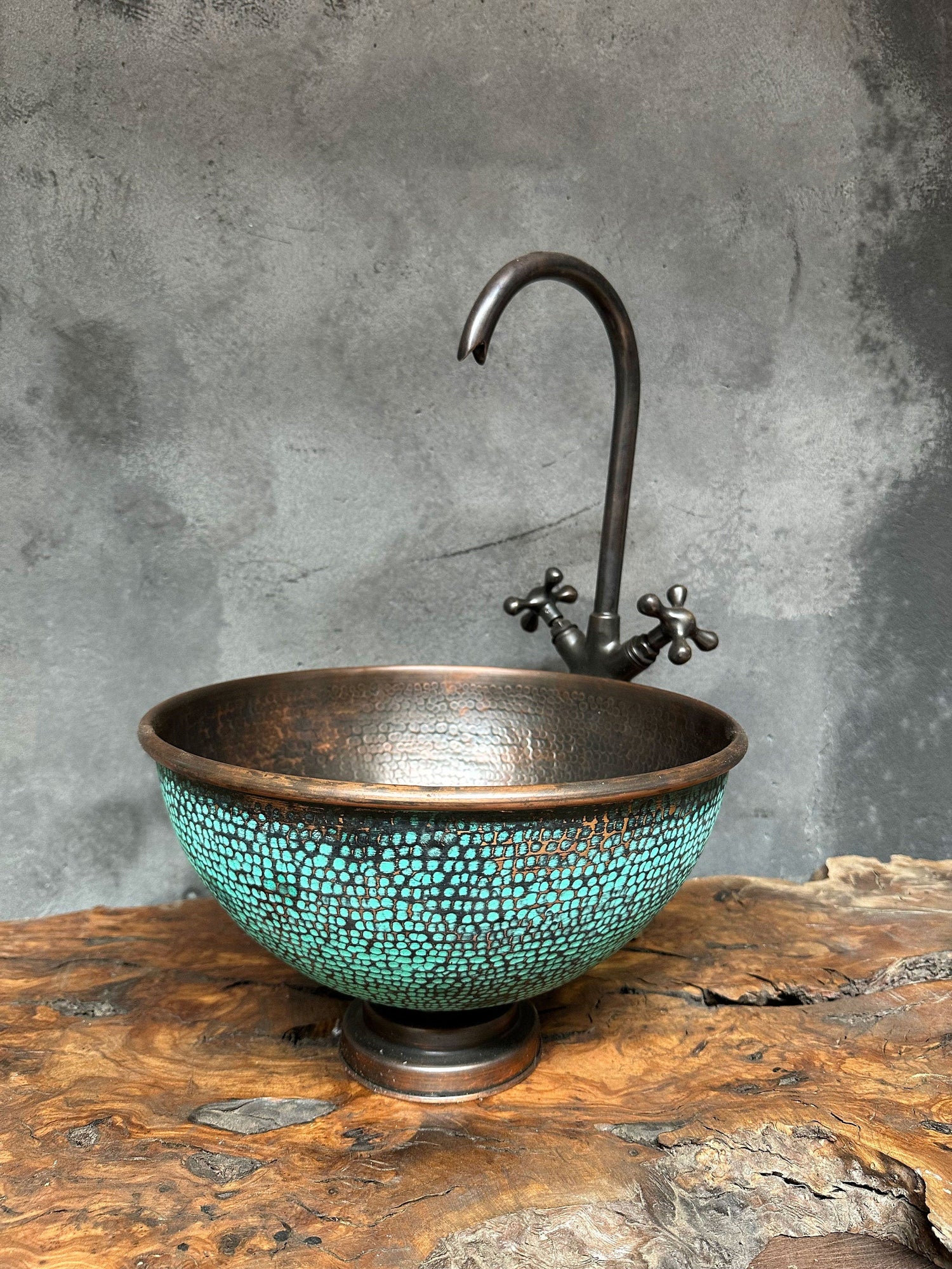 Aged Copper Bathroom Sink with faucet , Green Patina countertop basin bathroom