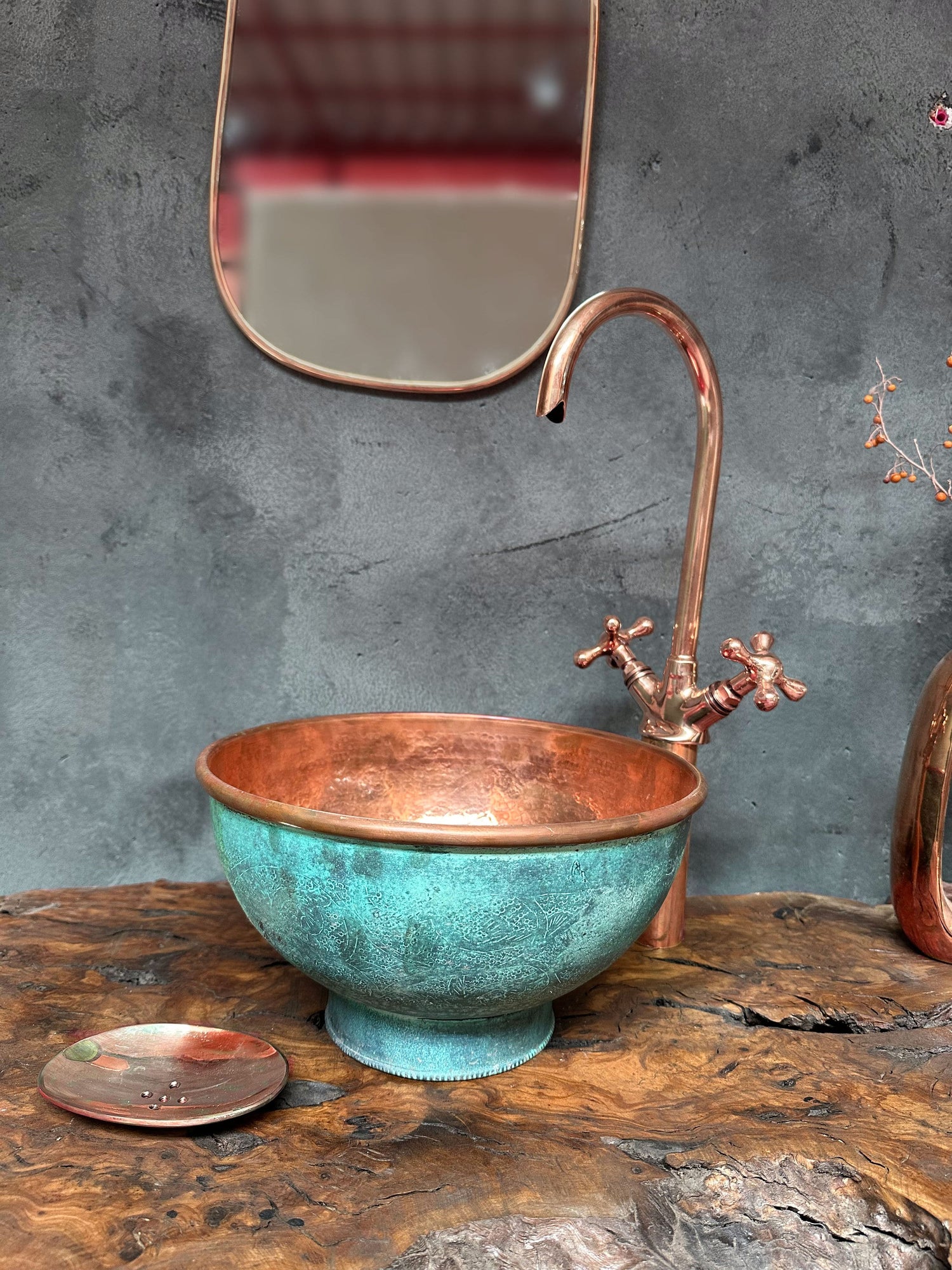 Engraved Copper Sink – Green Patina Vessel + Faucet