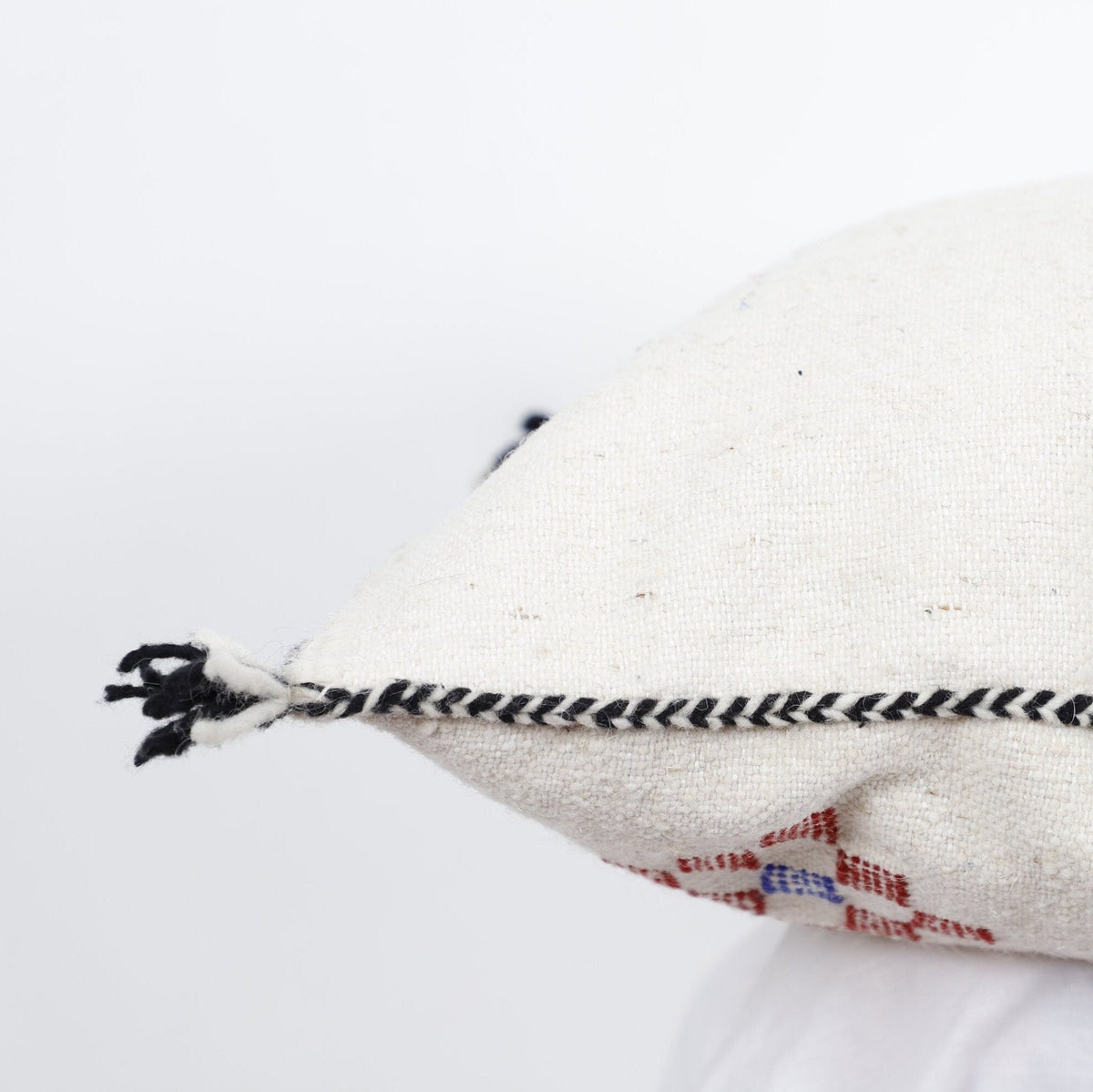 Handwoven Berber-Inspired Moroccan Pillow Cover with Geometric Embroidery & Tassels