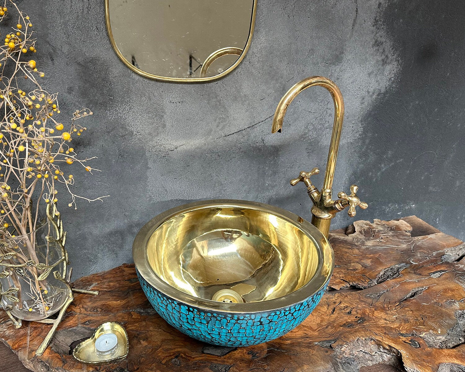 Blue Patina Brass Sink, Hammered Vessel Sink for Bathroom
