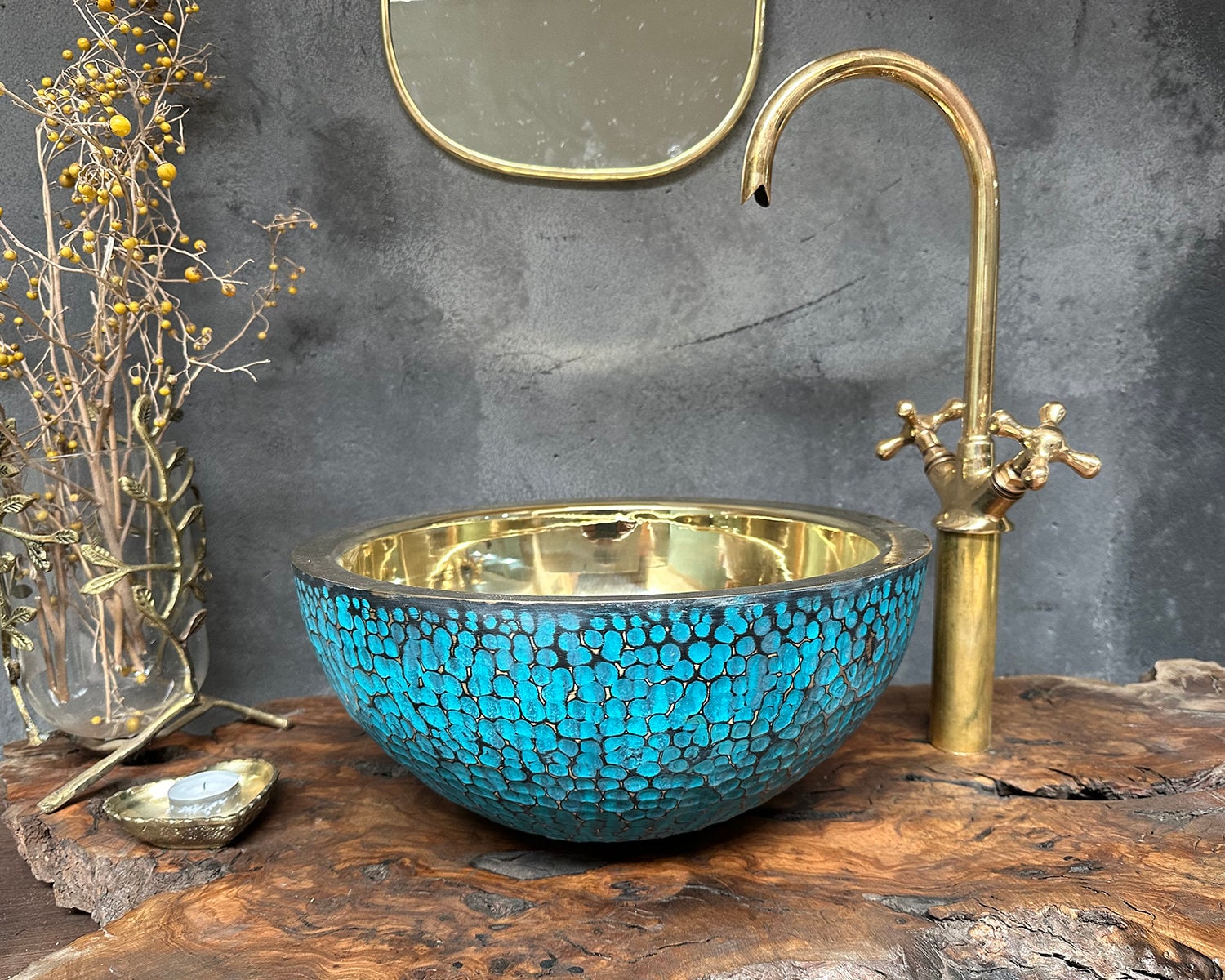 Blue Patina Brass Sink, Hammered Vessel Sink for Bathroom