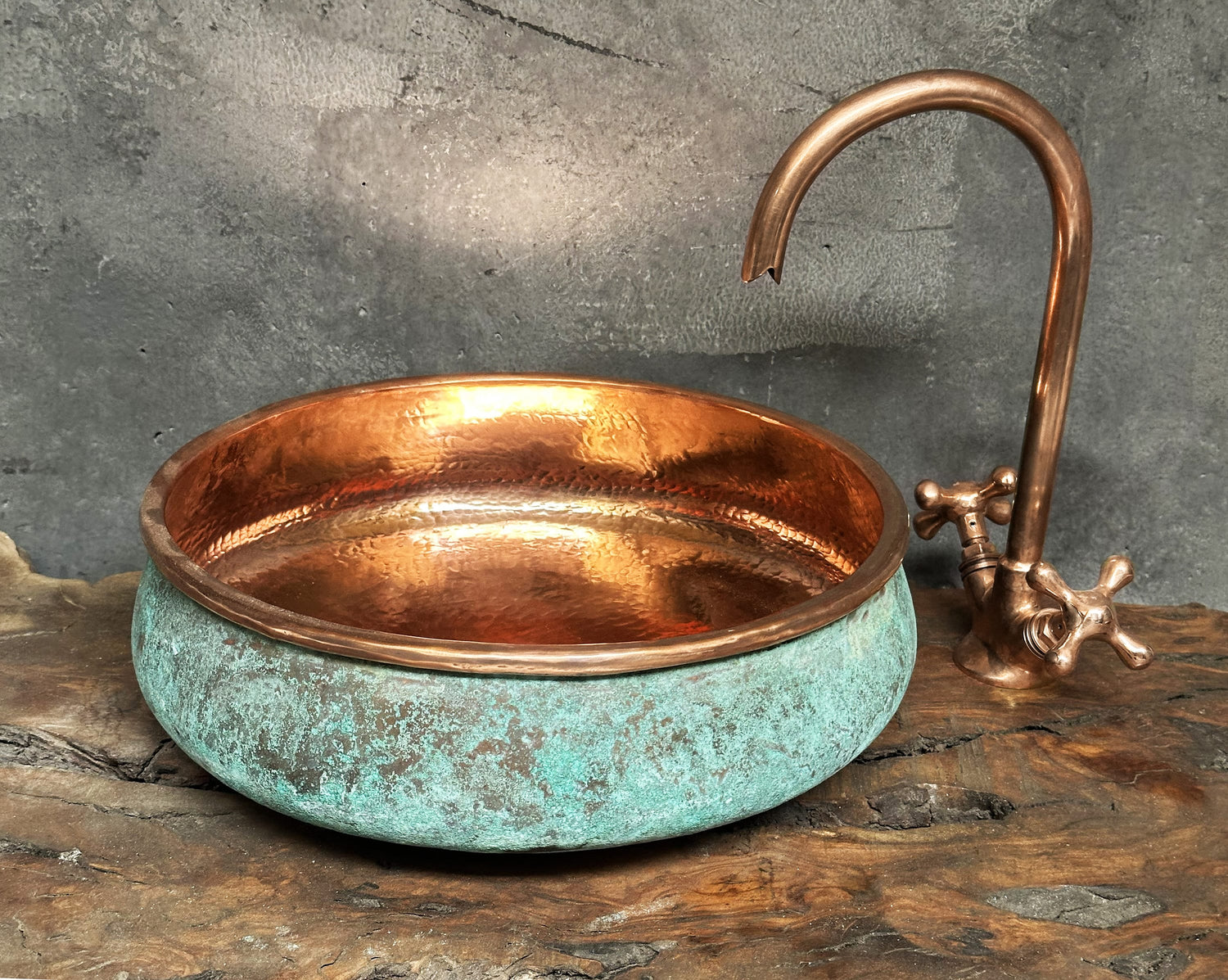 Green Patina Copper Sink – Oxidized Vessel for Bathroom