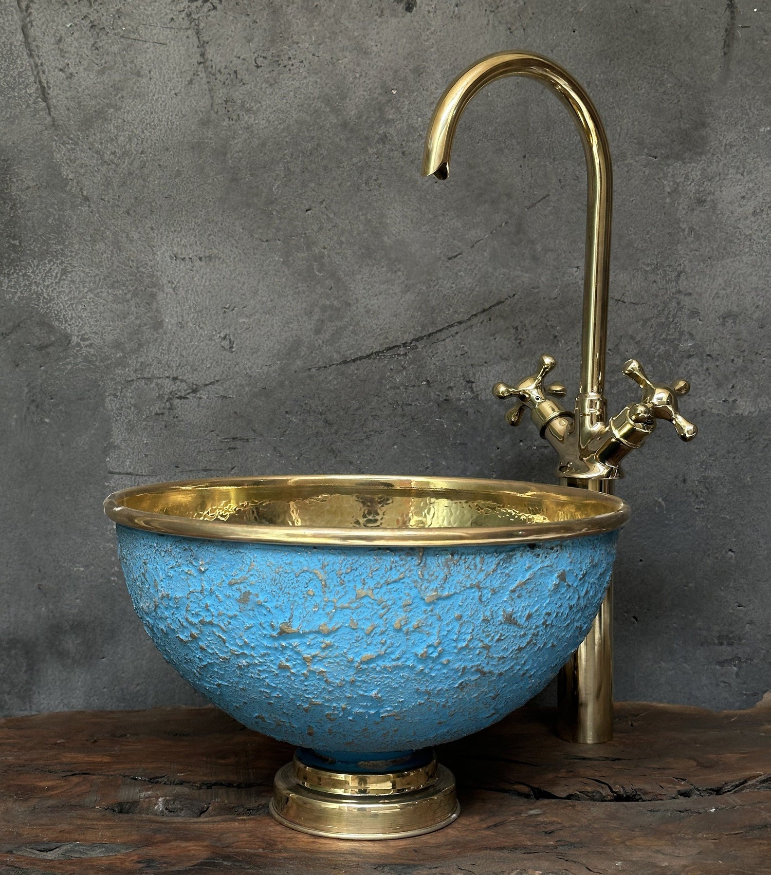 Blue and Barss Bathroom Sink with Brass Faucet , Blue Vessel Sink bathroom
