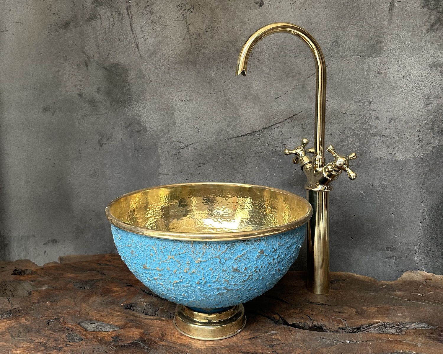 Blue and Barss Bathroom Sink with Brass Faucet , Blue Vessel Sink bathroom