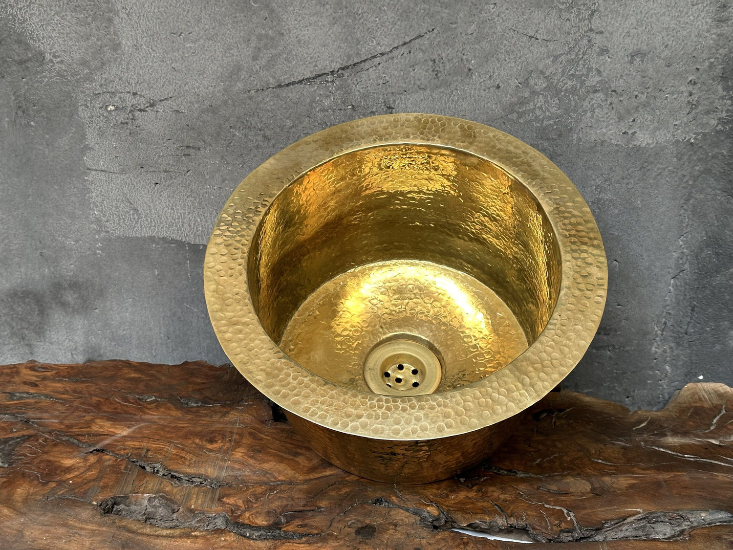 Unlacquered Brass Bar Sink – Hammered Round with Drain
