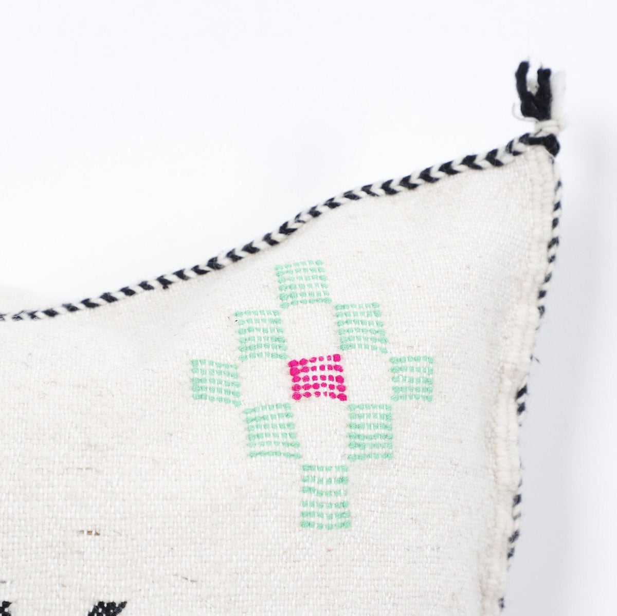 Handwoven Berber-Inspired Moroccan Pillow Cover with Geometric Embroidery & Tassels