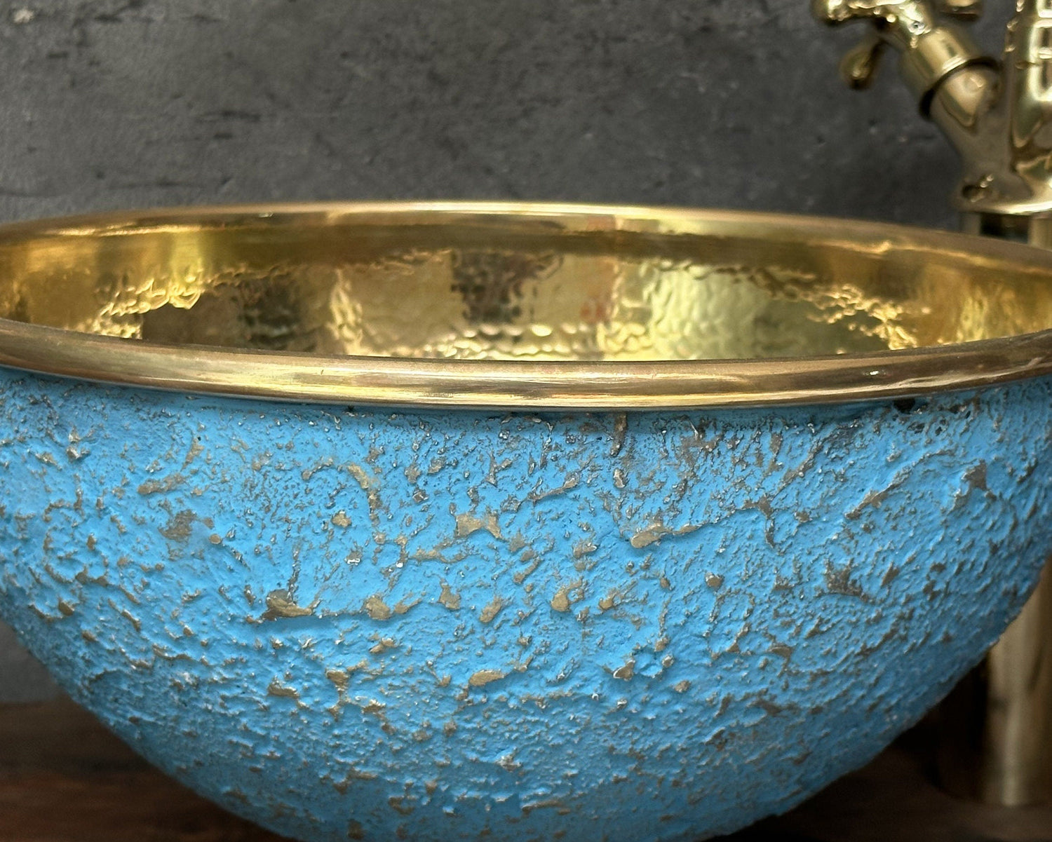 Blue and Barss Bathroom Sink with Brass Faucet , Blue Vessel Sink bathroom