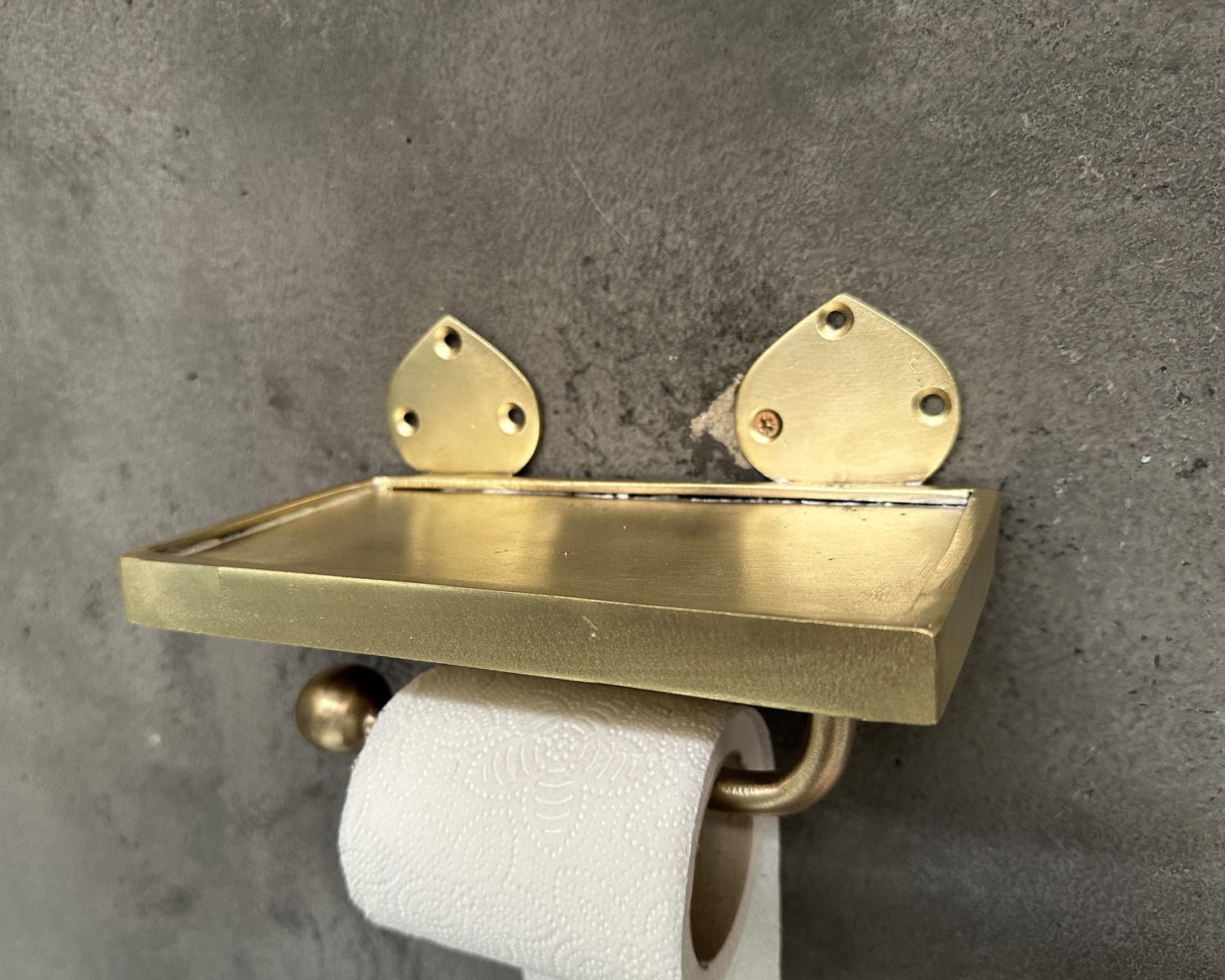 Handcrafted Unlacquered Brass Wall-Mounted Toilet Roll Holder, Solid Brass Toilet Paper Tissue Holder with Mobile Phone Storage