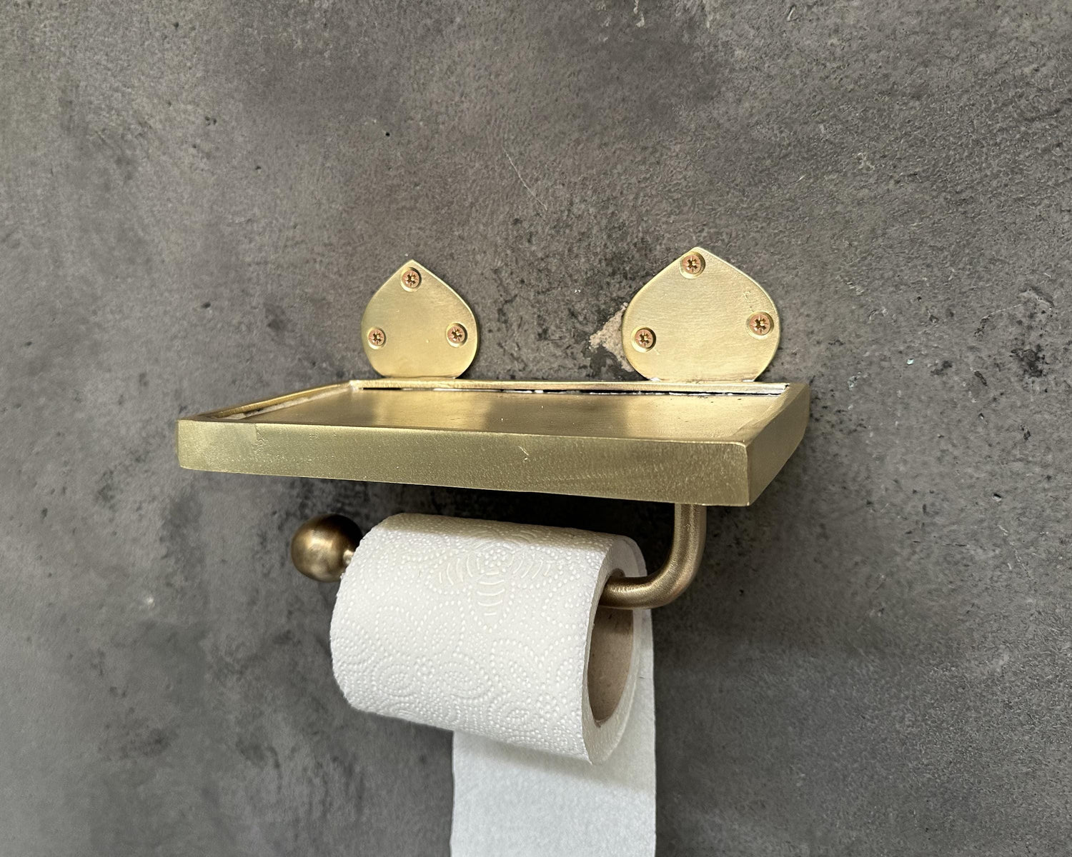 Handcrafted Unlacquered Brass Wall-Mounted Toilet Roll Holder, Solid Brass Toilet Paper Tissue Holder with Mobile Phone Storage