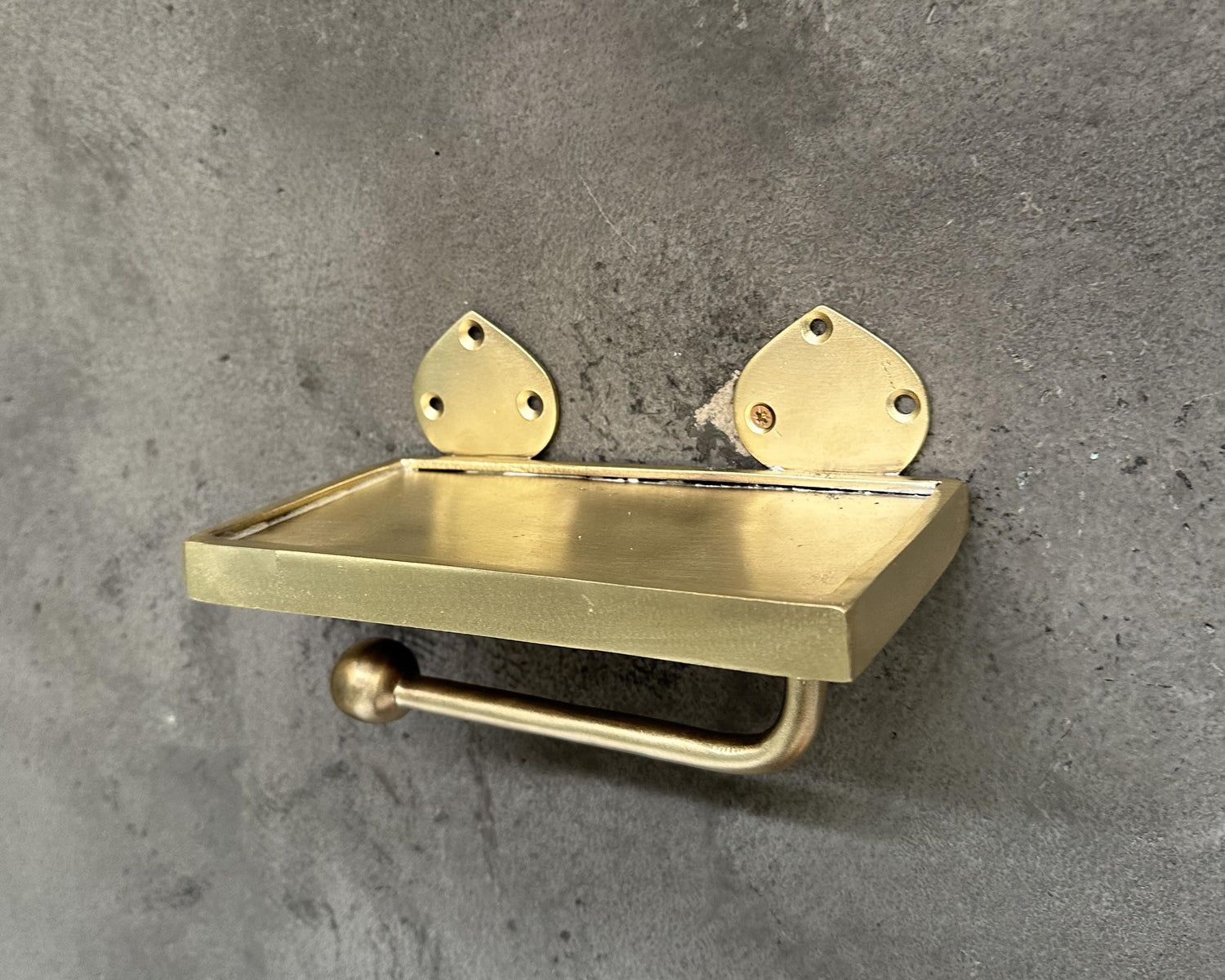 Handcrafted Unlacquered Brass Wall-Mounted Toilet Roll Holder, Solid Brass Toilet Paper Tissue Holder with Mobile Phone Storage