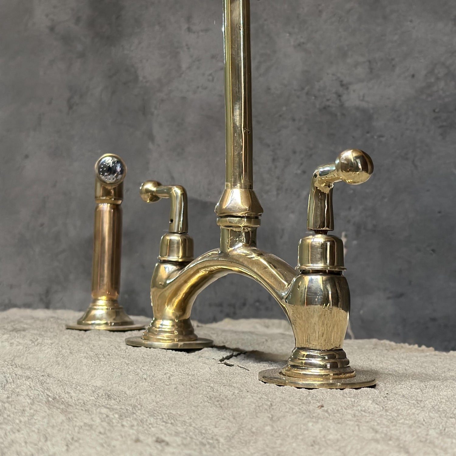 Brass Bridge Faucet – Arched 2-Hole Kitchen Sprayer