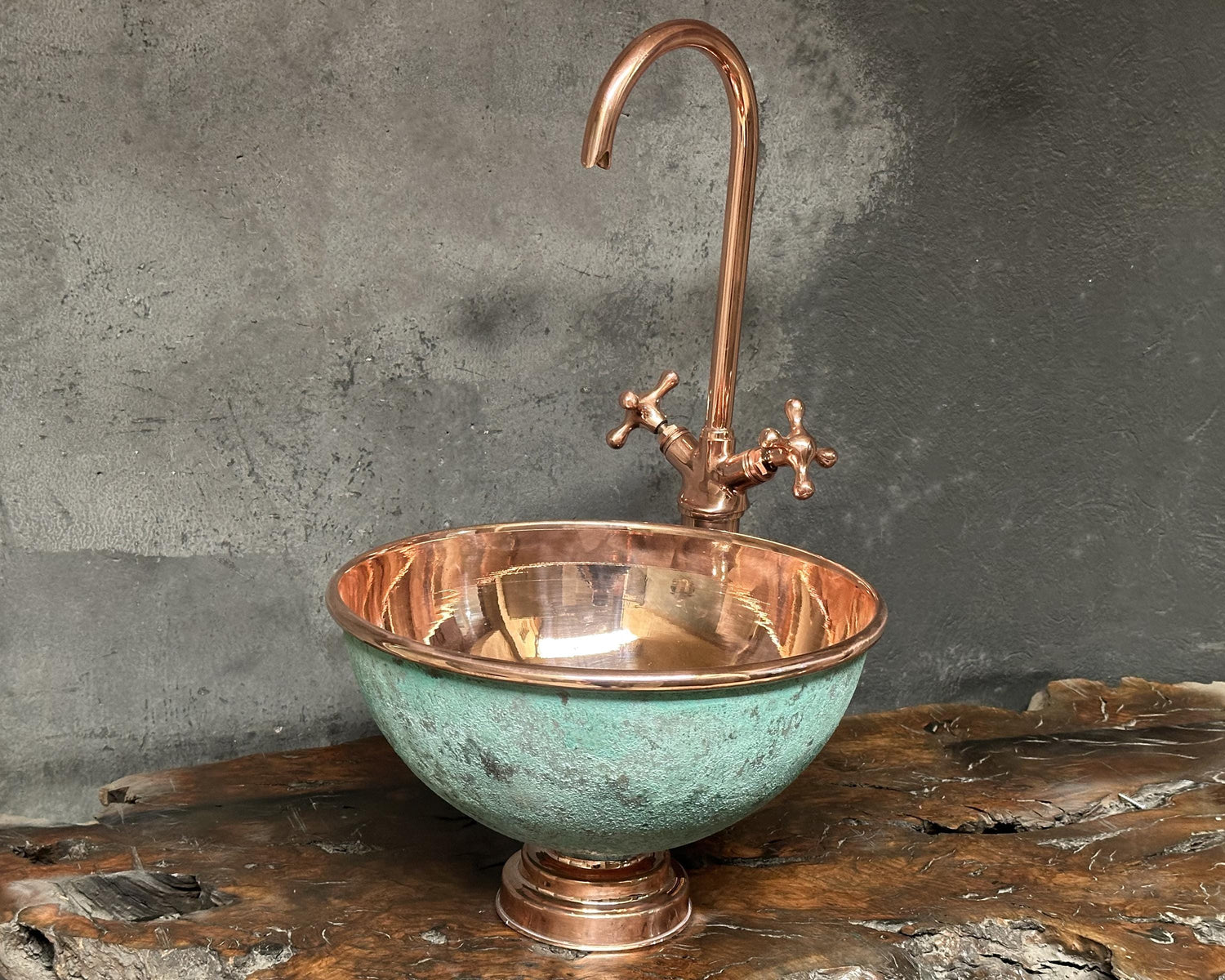 Round Vintage Copper Vessel Sink ,Green Patina Copper Sink Bathroom