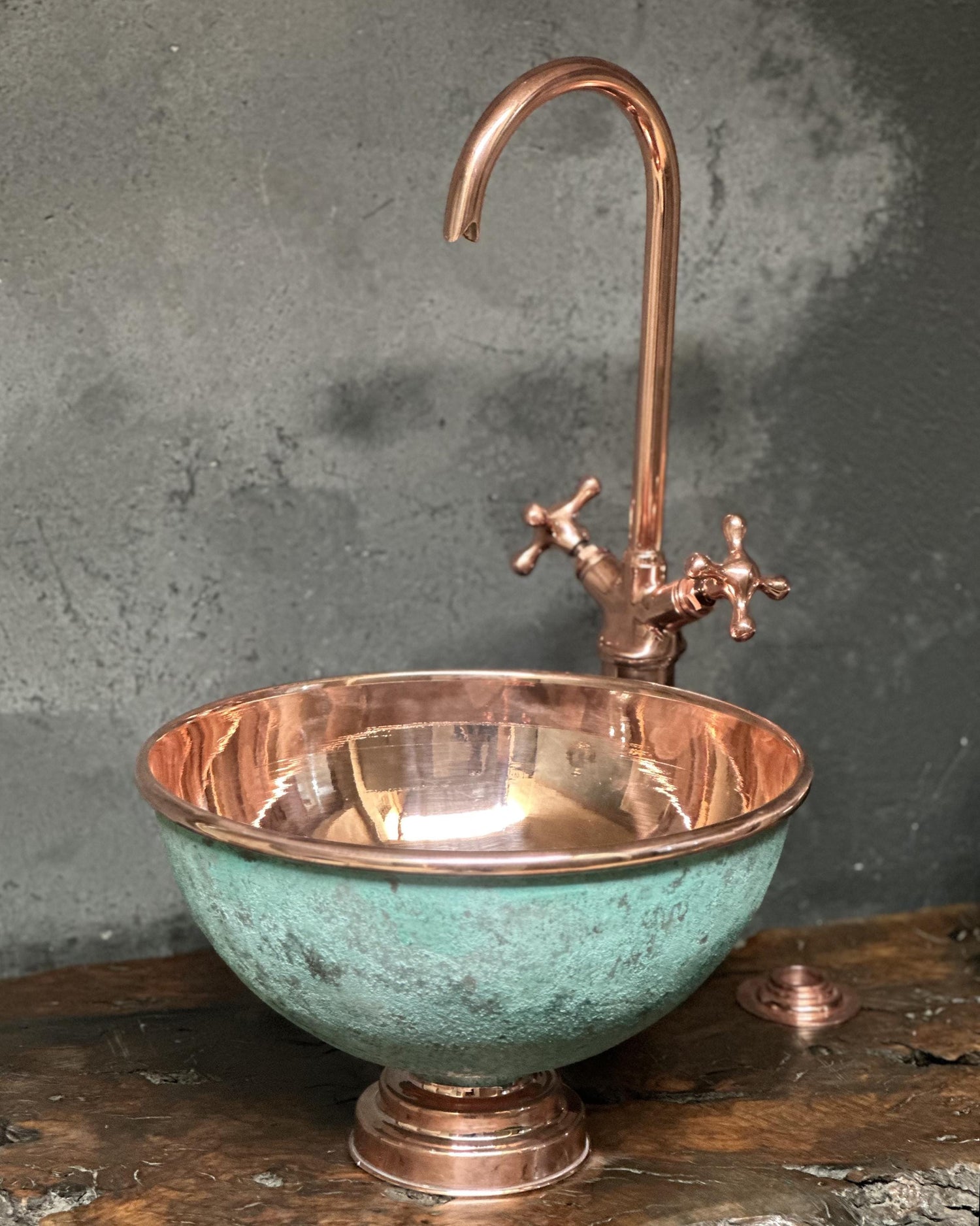 Round Vintage Copper Vessel Sink ,Green Patina Copper Sink Bathroom