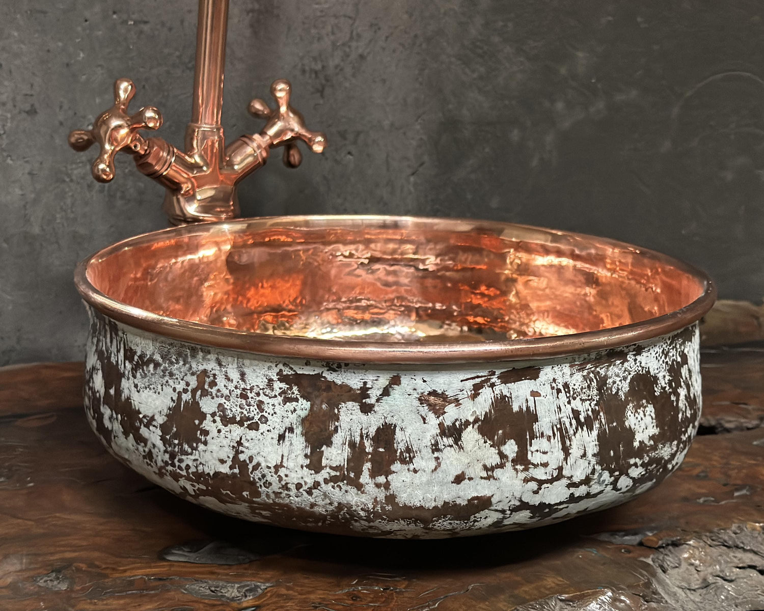 Hammered White Patina Copper Sink Bathoom ,Rustic Copper vessel Sink , Handcrafted Basin With Copper Faucet