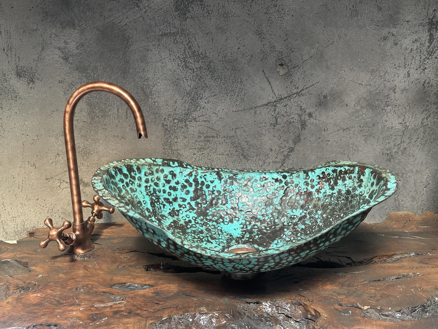 Handmade Hammered Copper Sink with Turquoise Patina
