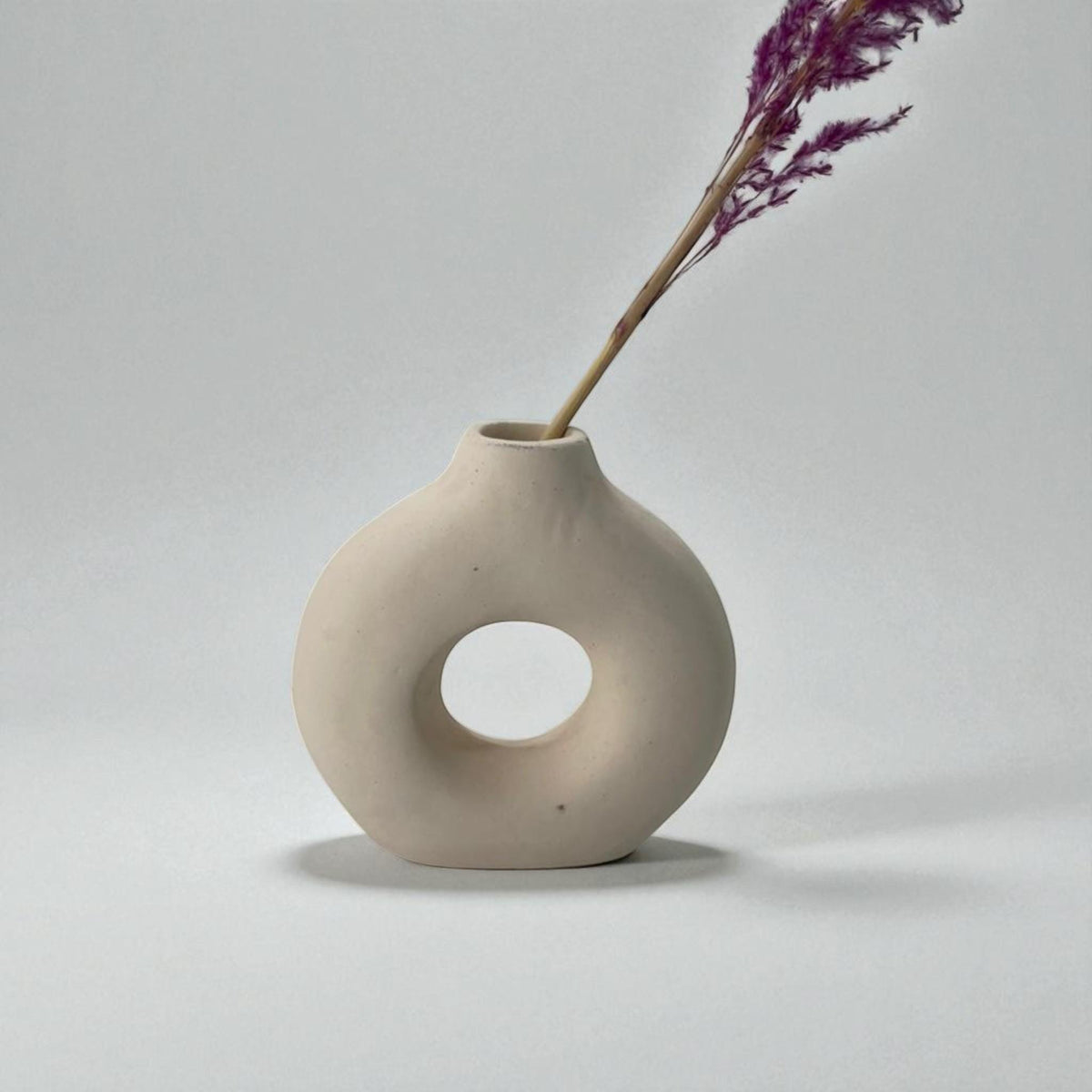 Handmade Ceramic Vase – Neutral Sculptural Donut Vase with Matte Finish