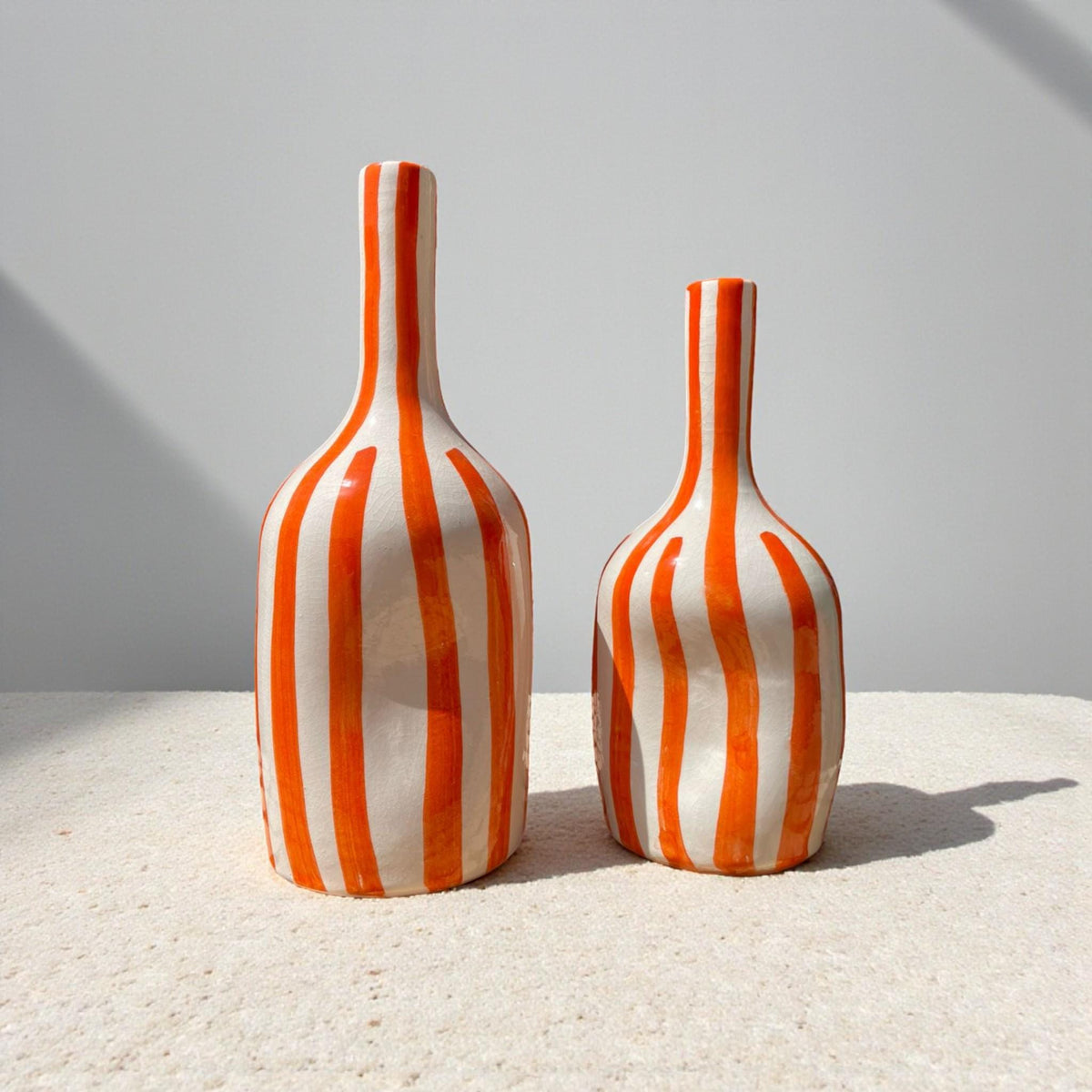Handmade Ceramic Vase – Modern Orange Striped Pottery Bottle Décor