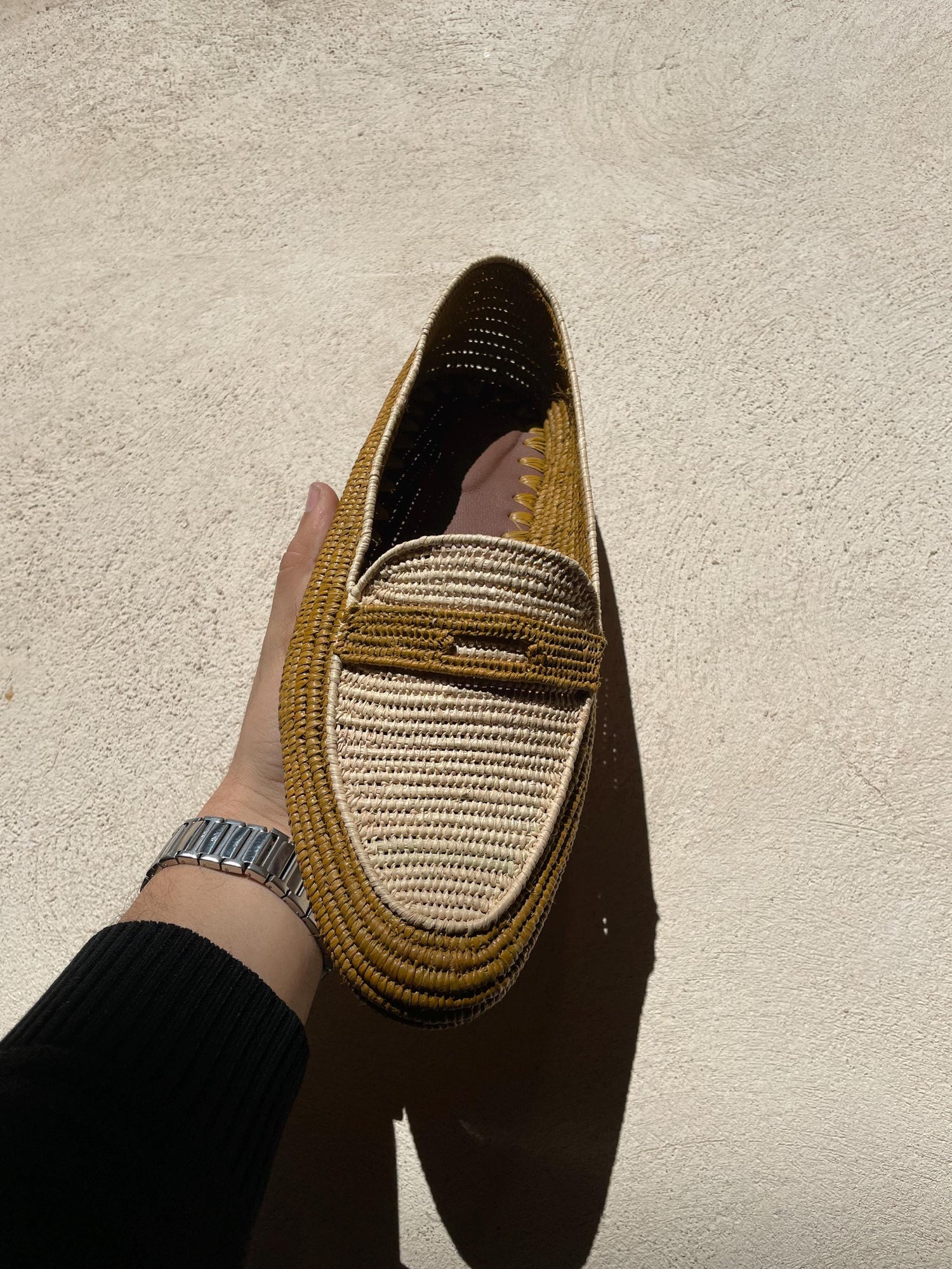 Two-Tone Raffia Loafers – Black & Natural Minimal Style