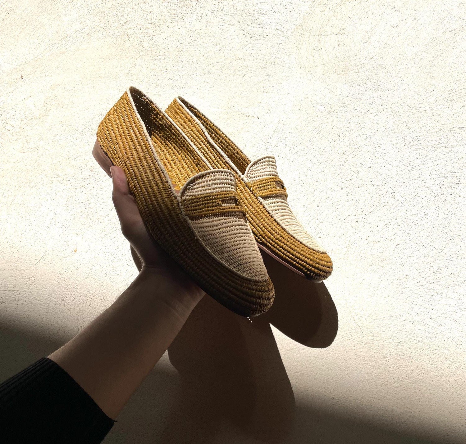 Two-Tone Raffia Loafers – Black & Natural Minimal Style