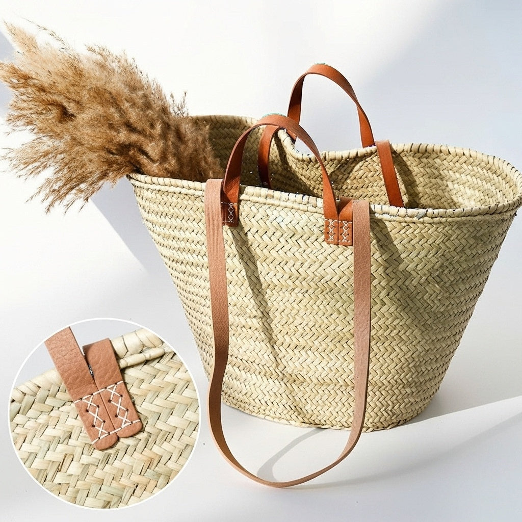 Handmade Straw Bag with Leather Handles, French Market Bag
