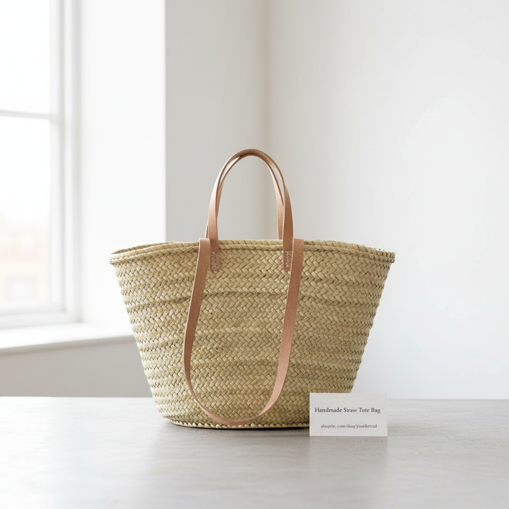 Handmade Straw Bag with Leather Handles, French Market Bag