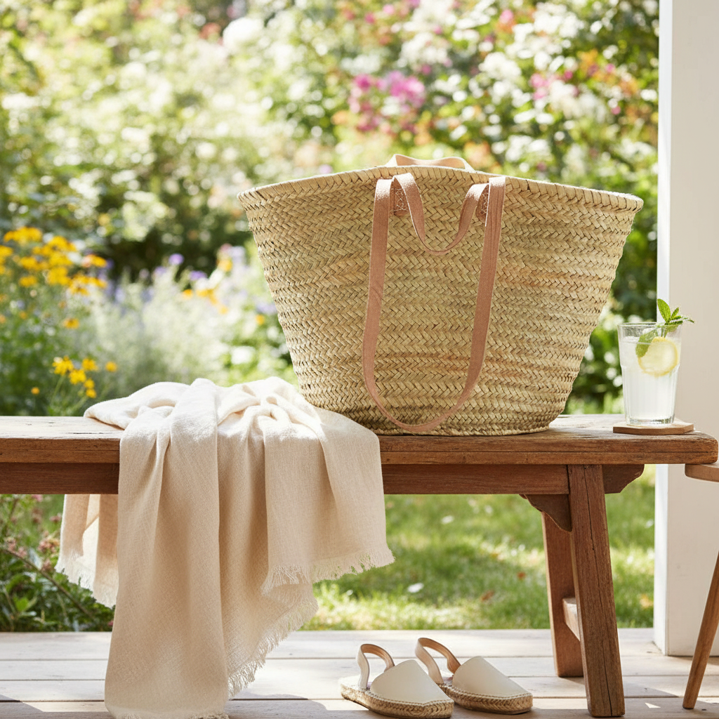 Handmade Straw Bag with Leather Handles, French Market Bag