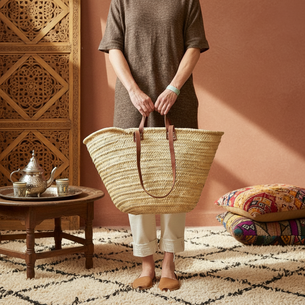Handmade Straw Bag with Leather Handles, French Market Bag