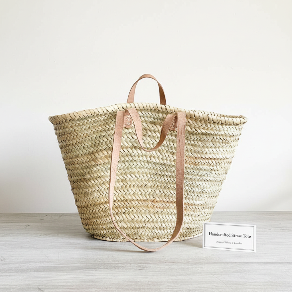 Handmade Straw Bag with Leather Handles, French Market Bag