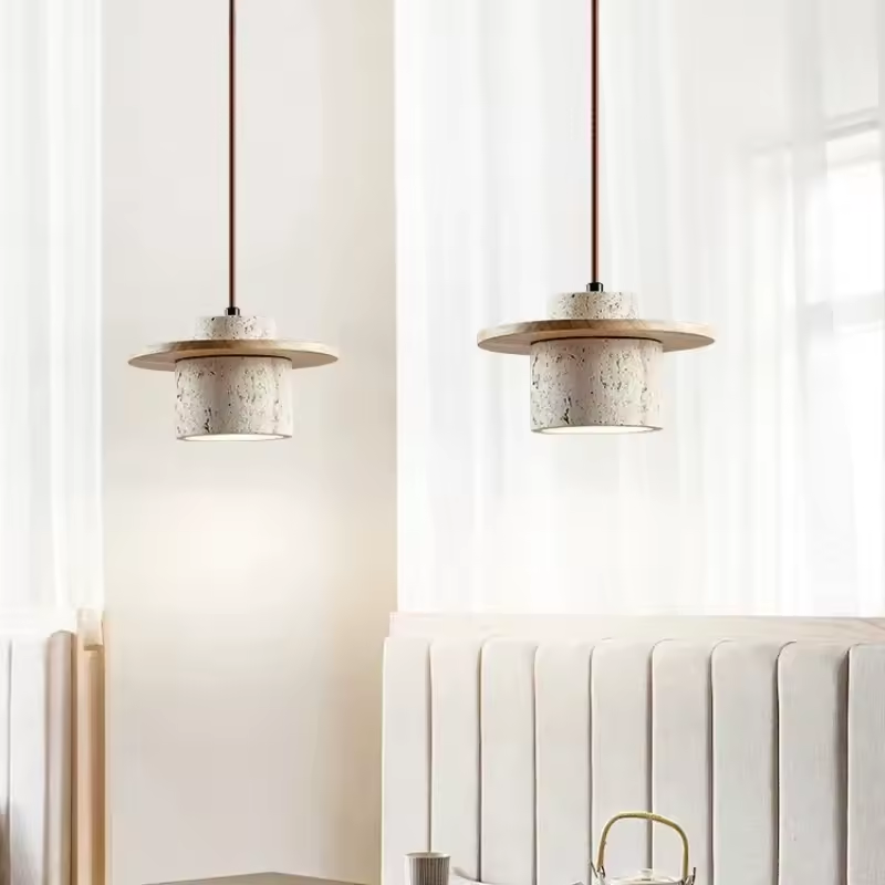 Kanso Wabi Sabi Travertine and Wood Pendant Light