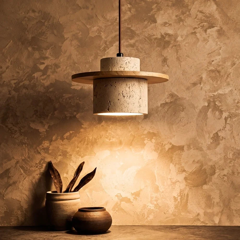 Kanso Wabi Sabi Travertine and Wood Pendant Light