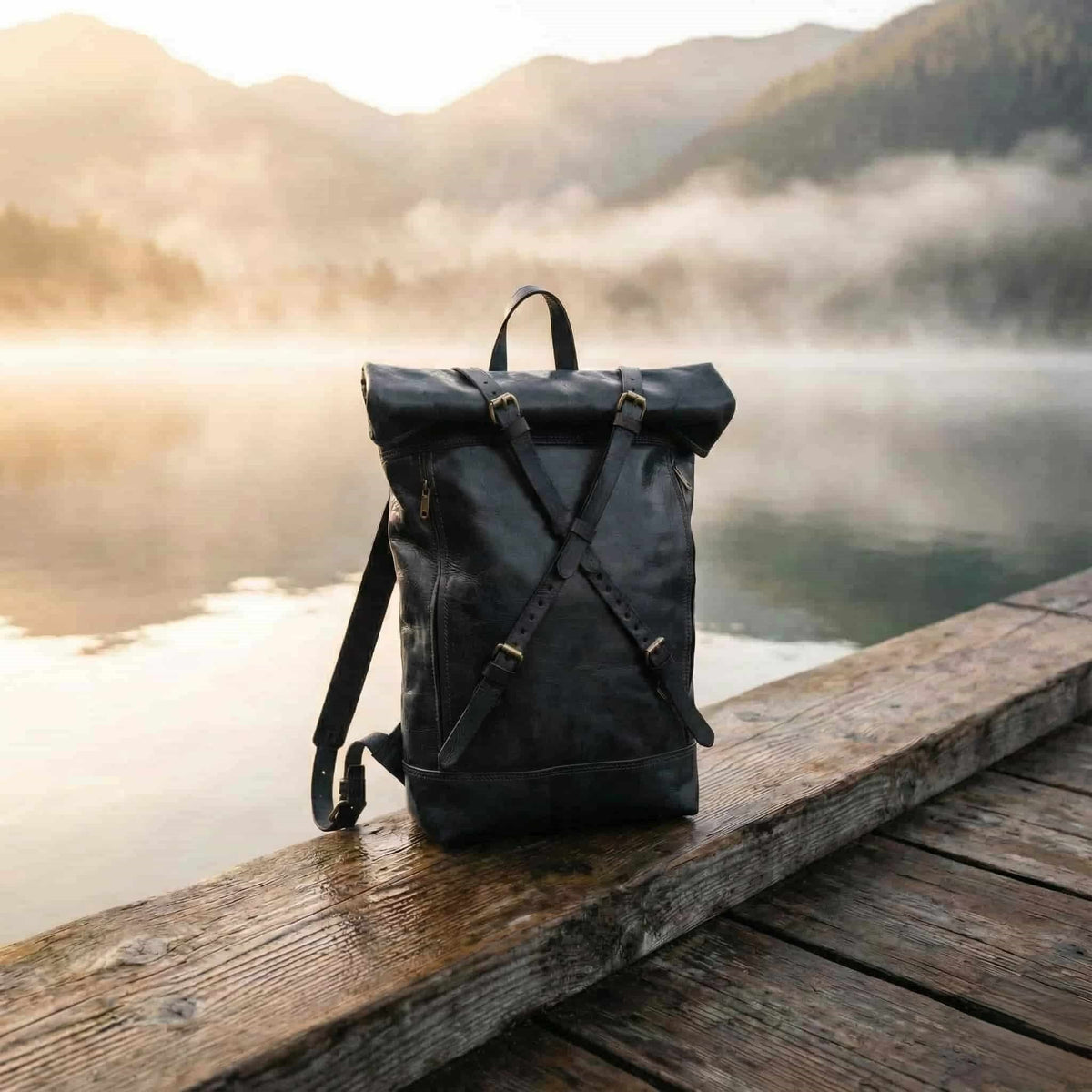 Roll Top Leather Backpack – Handmade Minimalist Travel Bag