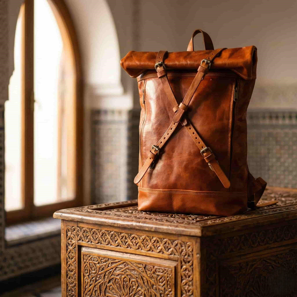 Roll Top Leather Backpack – Handmade Minimalist Travel Bag
