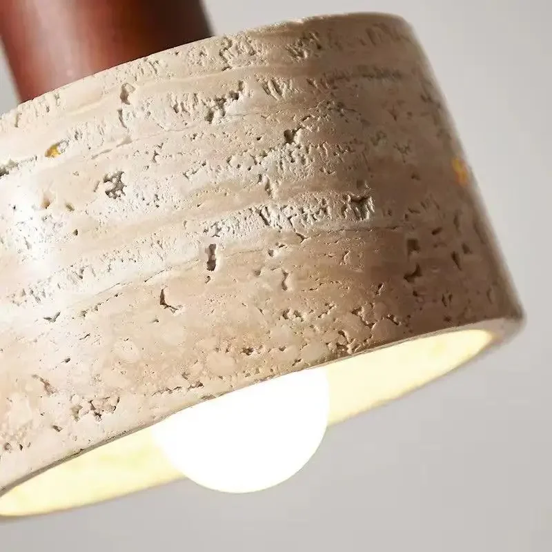 Ora Wabi Sabi Cylinder Travertine Stone and Wood Pendant Light