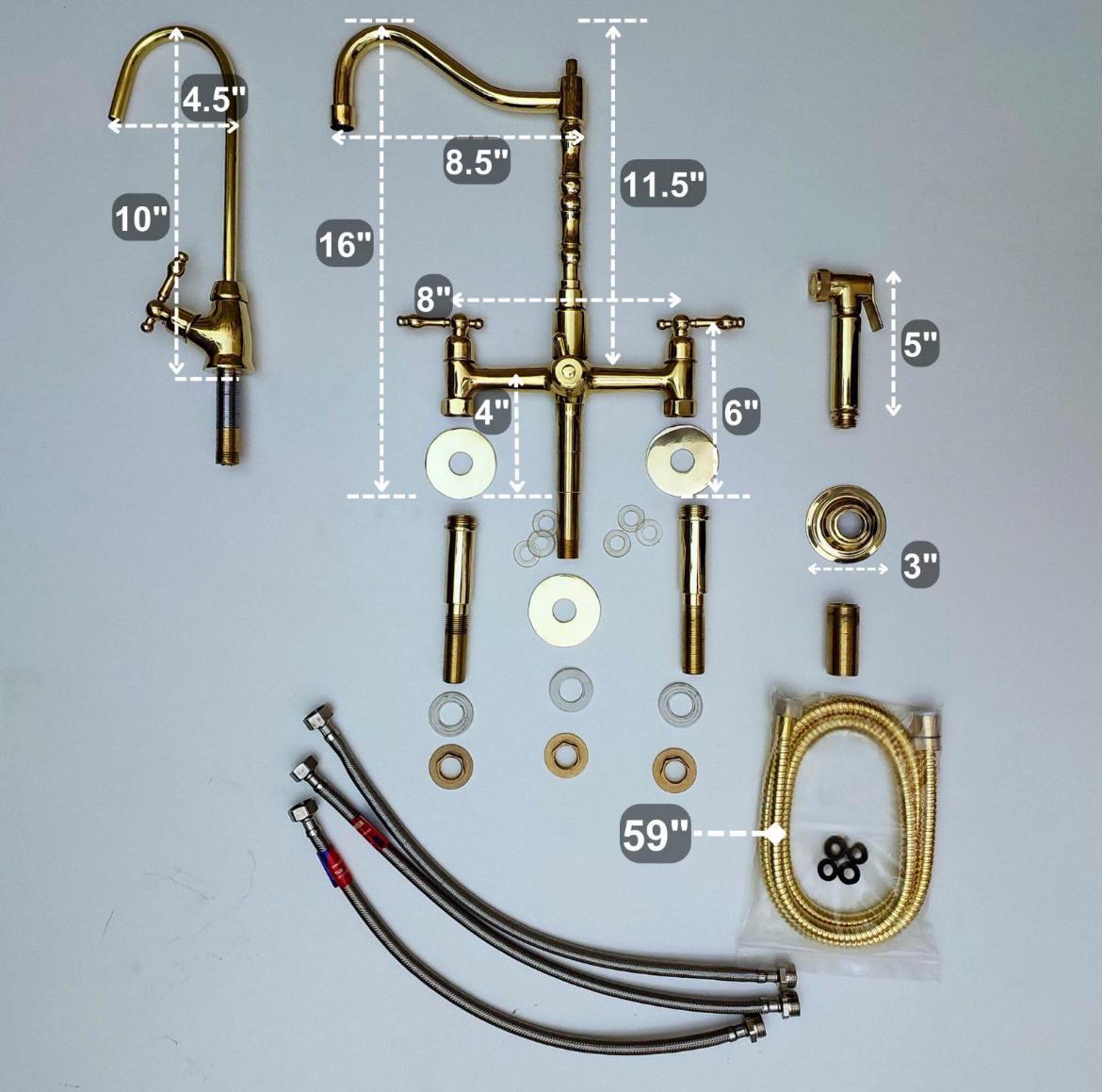 Luxury Brass Bridge Kitchen Faucet with Side Sprayer and Drinking Tap
