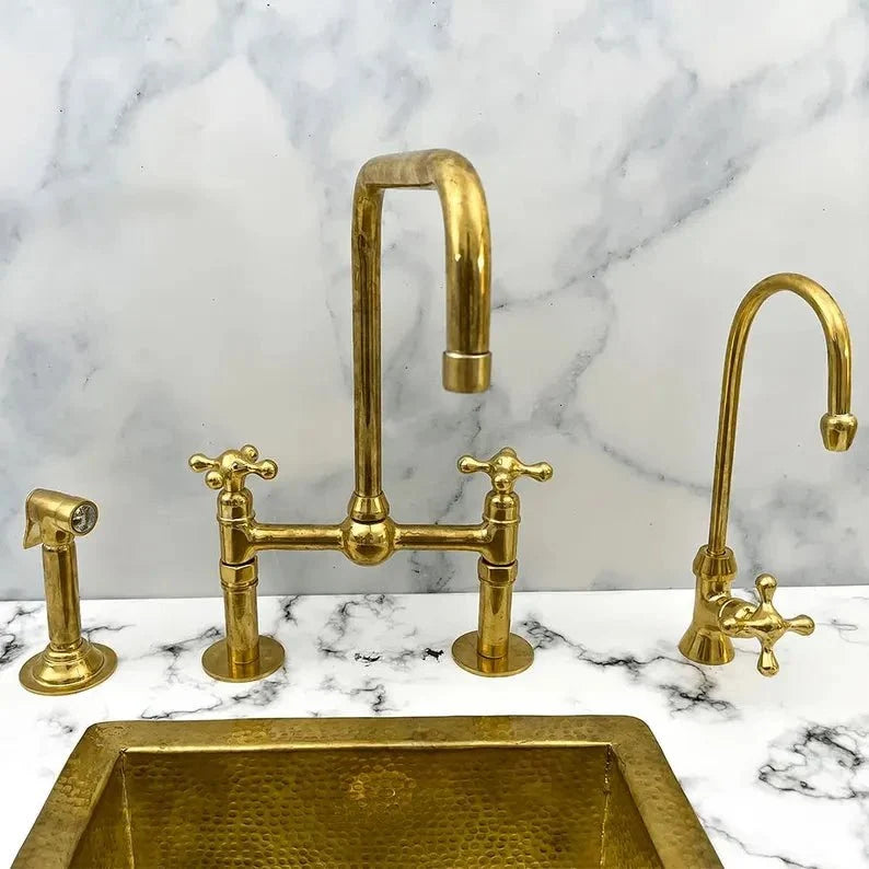 Luxury Bridge Kitchen Faucet Set with Side Sprayer & Soap Dispenser – Unlacquered Brass