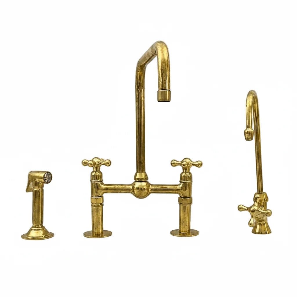 Luxury Bridge Kitchen Faucet Set with Side Sprayer & Soap Dispenser – Unlacquered Brass