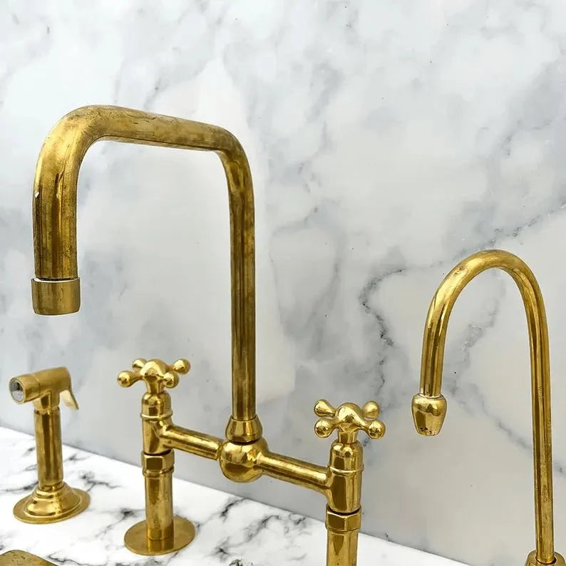 Luxury Bridge Kitchen Faucet Set with Side Sprayer & Soap Dispenser – Unlacquered Brass