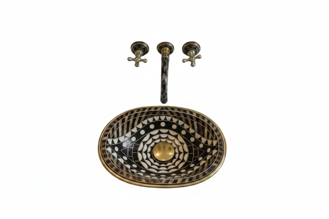 Luxury Handmade Brass Sink – Black & White Moroccan Design